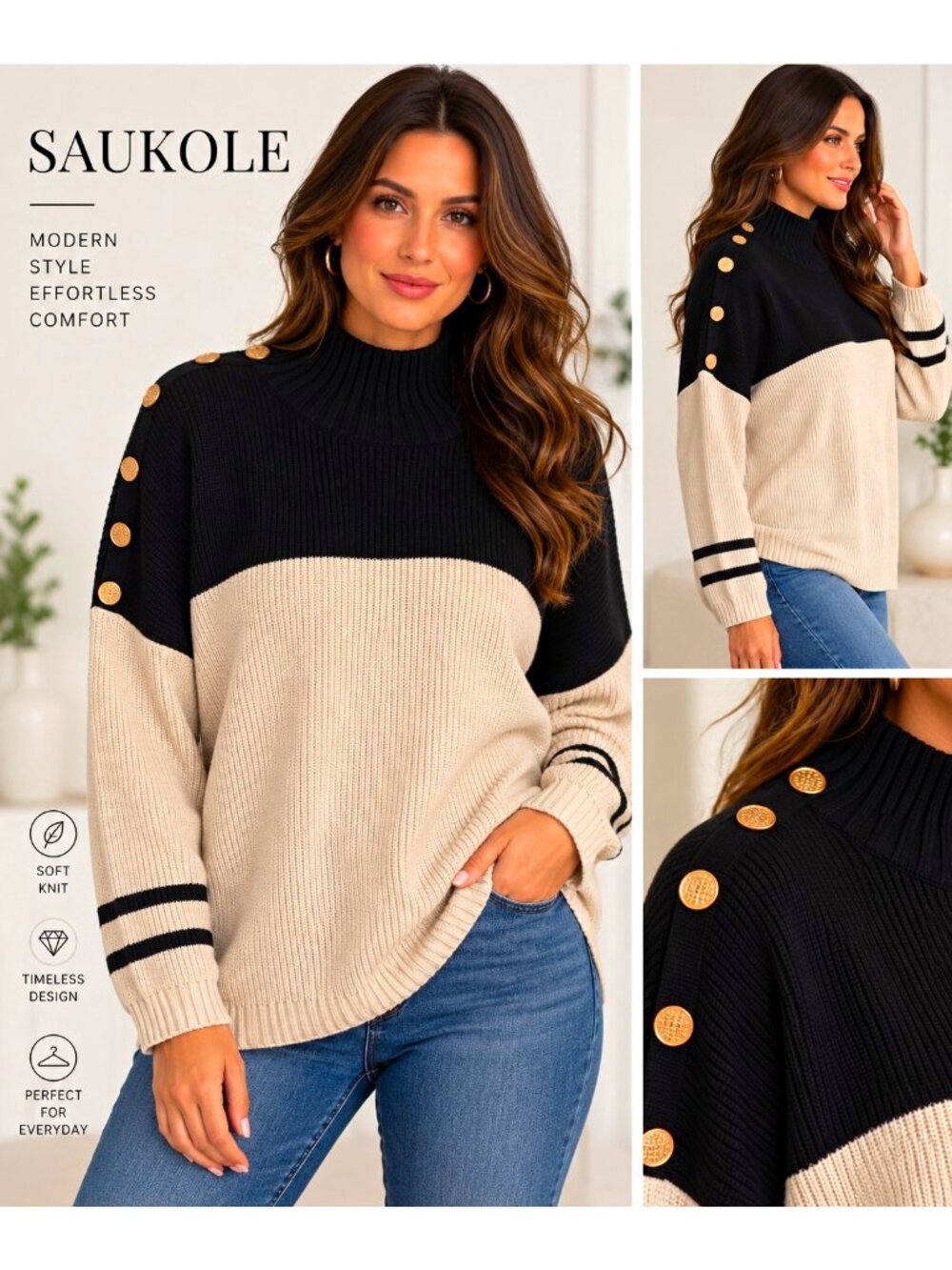 SAUKOLE Black Beige Colorblock Rib Knit Mock Neck Button Shoulder Sweater sz M